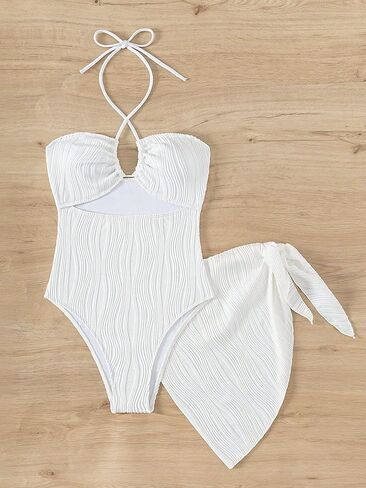 SKAYS Womens One Piece Swimsuit Texture Hollow Out Halter Bathing Suit with Cover-Up 2-Piece Sets Beach Swimwear in Saudi Arabia