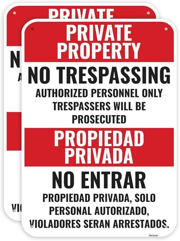 2PC Private Property No Trespassing Spanish Signs, 14 x 10 Inches - Aluminum - Propiedad Privada No Traspasar Security Violators Will Be Prosecuted Bilingual in Saudi Arabia
