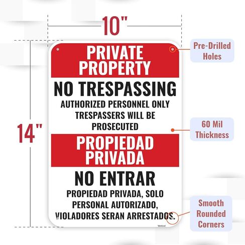 2PC Private Property No Trespassing Spanish Signs, 14 x 10 Inches - Aluminum - Propiedad Privada No Traspasar Security Violators Will Be Prosecuted Bilingual in Saudi Arabia
