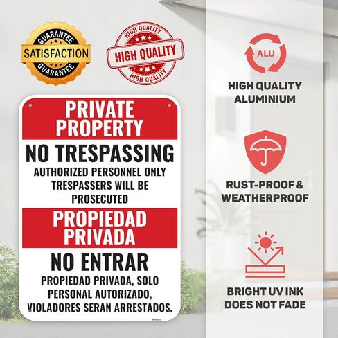 2PC Private Property No Trespassing Spanish Signs, 14 x 10 Inches - Aluminum - Propiedad Privada No Traspasar Security Violators Will Be Prosecuted Bilingual in Saudi Arabia