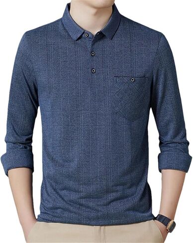 Men's Polo Shirt Long Sleeve Striped Chest Pocket T-Shirt Spring Soft Comfortable Pullover Tops in Saudi Arabia