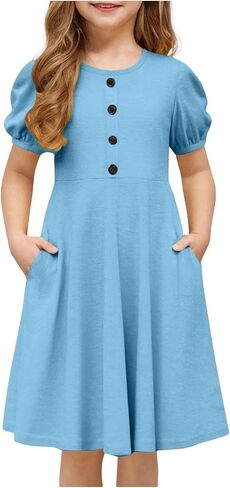 Girls Summer Sundress Puff Short Sleeve Button Mini Dress Flowy Beach Dress A Line Pleated Swing Dresses 5-15 Years in Saudi Arabia