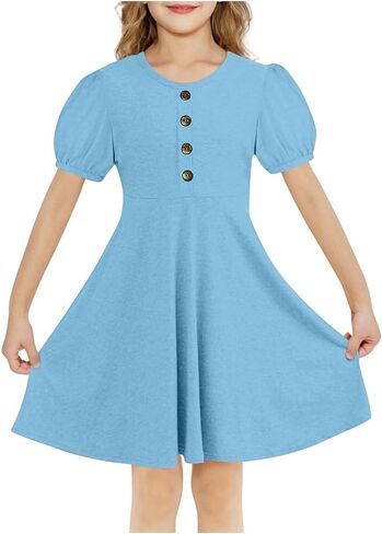Girls Summer Sundress Puff Short Sleeve Button Mini Dress Flowy Beach Dress A Line Pleated Swing Dresses 5-15 Years in Saudi Arabia