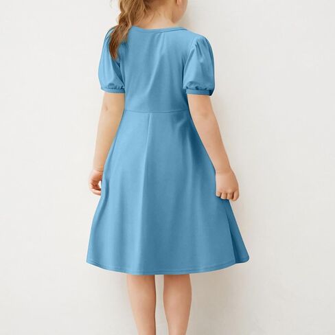 Girls Summer Sundress Puff Short Sleeve Button Mini Dress Flowy Beach Dress A Line Pleated Swing Dresses 5-15 Years in Saudi Arabia