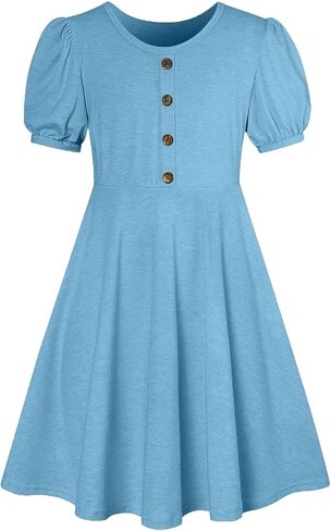 Girls Summer Sundress Puff Short Sleeve Button Mini Dress Flowy Beach Dress A Line Pleated Swing Dresses 5-15 Years in Saudi Arabia