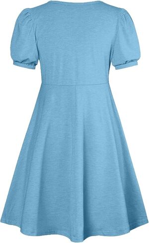 Girls Summer Sundress Puff Short Sleeve Button Mini Dress Flowy Beach Dress A Line Pleated Swing Dresses 5-15 Years in Saudi Arabia