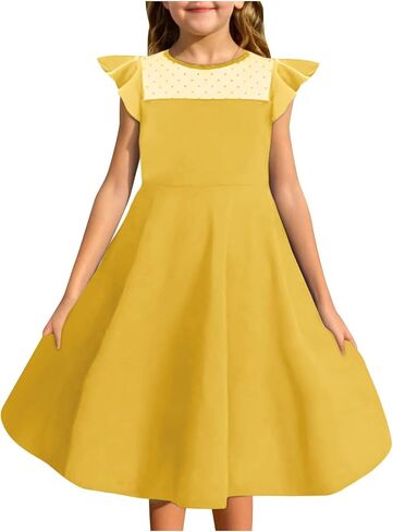 Girls Dress Summer Ruffle Sleeve Mini Dress Mesh A Line Party Dresses Formal Wedding Guest Dress for Kids 4-14 Years in Saudi Arabia
