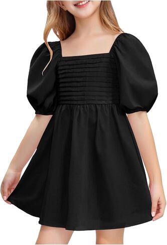 Summer Dresses Girls Square Neck Puff Sleeve Sundress A-Line Smocked Mini Dresses Casual Beach Dress Size 3-12 Years in Saudi Arabia