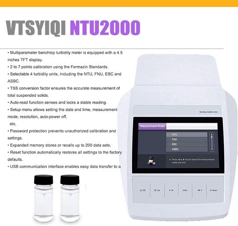 عدادات التعكر في المختبر مقياس الكلية العكسي مع منفذ USB من 0 إلى 2000 NTU/FNU 0 إلى 500 EBC 0 إلى 9999 ASBC دقة ± 2 ٪ 4 PCS حلول المعايرة in Kuwait