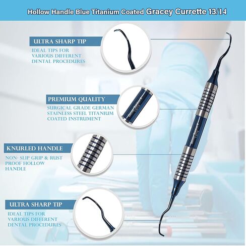 Dental Periodontal Gracey Curette 13/14 Hollow Handle Oral Hygiene Scalers, Stainless Steel Blue Titanium Coated Root Canal Cavity Scalers Calculus Tartar Remover Double Ended Instruments in Saudi Arabia
