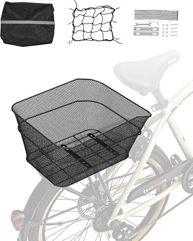 VEVOR Rear Bike Basket, Wire Mesh Bicycle Basket with Cargo Net & Waterproof Cover, Durable Metal Bike Back Basket, Fits Most Rear Bike Racks, Mounting Tools Included in Saudi Arabia