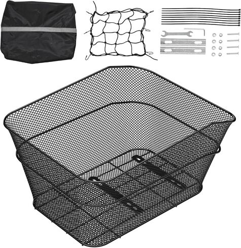 VEVOR Rear Bike Basket, Wire Mesh Bicycle Basket with Cargo Net & Waterproof Cover, Durable Metal Bike Back Basket, Fits Most Rear Bike Racks, Mounting Tools Included in Saudi Arabia