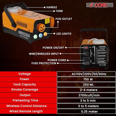 5 Core Fog Smoke Machine 750W & 2700CFM LED Lights Effect Low Lying Indoor 250ML Fog Maker with Fogger for Halloween with 1 Wired Receiver & RGB Remote Controls FOG 750 ORG in Saudi Arabia