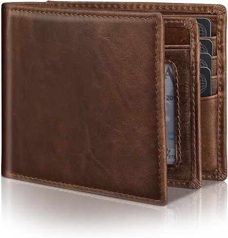 Mens Genuine Leather Bifold Bifid Rfid Warting With With 14 Slots Card ، Window Window & 2 Cash Pocket - يشمل صندوق الهدايا in Kuwait