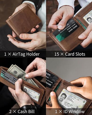 Mens Genuine Leather Bifold Bifid Rfid Warting With With 14 Slots Card ، Window Window & 2 Cash Pocket - يشمل صندوق الهدايا in Kuwait