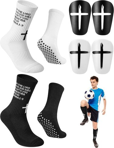 2 Pairs Cross Grip Soccer Socks with 2 Pairs Cross Soccer Mini Shin Guards Anti Slip Religious Jesus Christian Socks White and Black Jesus Shin Pads for Men Women Yoga Baseball Sports Training in Saudi Arabia