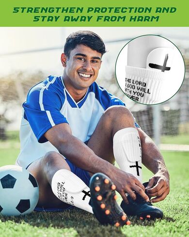 2 Pairs Cross Grip Soccer Socks with 2 Pairs Cross Soccer Mini Shin Guards Anti Slip Religious Jesus Christian Socks White and Black Jesus Shin Pads for Men Women Yoga Baseball Sports Training in Saudi Arabia