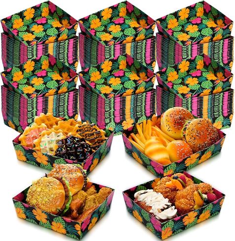 Honoson 48 Pcs Tropical Nights Luau Party Supplies Hawaiian Aloha Paper Food Trays Palm Leaves Hibiscus 5lb Disposable Food Boats Dinner Trays for Summer Beach Tropical Pool Party Decorations in Saudi Arabia