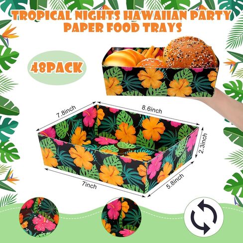 Honoson 48 Pcs Tropical Nights Luau Party Supplies Hawaiian Aloha Paper Food Trays Palm Leaves Hibiscus 5lb Disposable Food Boats Dinner Trays for Summer Beach Tropical Pool Party Decorations in Saudi Arabia