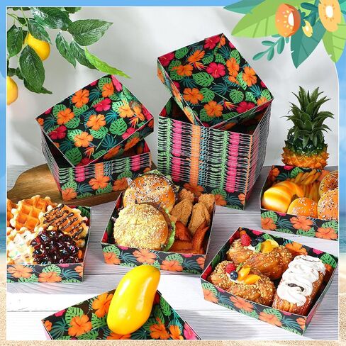 Honoson 48 Pcs Tropical Nights Luau Party Supplies Hawaiian Aloha Paper Food Trays Palm Leaves Hibiscus 5lb Disposable Food Boats Dinner Trays for Summer Beach Tropical Pool Party Decorations in Saudi Arabia