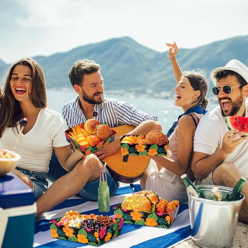 Honoson 48 Pcs Tropical Nights Luau Party Supplies Hawaiian Aloha Paper Food Trays Palm Leaves Hibiscus 5lb Disposable Food Boats Dinner Trays for Summer Beach Tropical Pool Party Decorations in Saudi Arabia