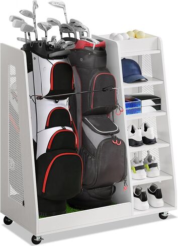 DWVO Golf Bag Organizer for Garage ، Wooden 2 Golf Bag Stand حامل مع عجلات ، وتخزين للجولف لأكياس الجولف ، والأندية ، والكرات وغيرها من ملحقات المعدات in Saudi Arabia