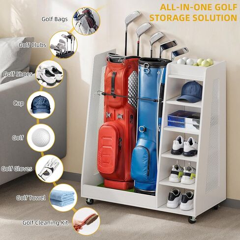 DWVO Golf Bag Organizer for Garage ، Wooden 2 Golf Bag Stand حامل مع عجلات ، وتخزين للجولف لأكياس الجولف ، والأندية ، والكرات وغيرها من ملحقات المعدات in Saudi Arabia