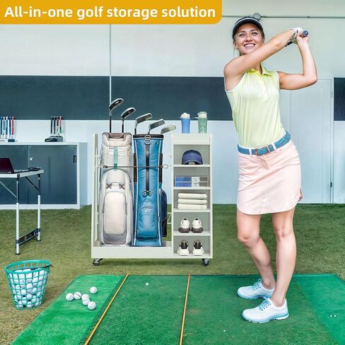 DWVO Golf Bag Organizer for Garage ، Wooden 2 Golf Bag Stand حامل مع عجلات ، وتخزين للجولف لأكياس الجولف ، والأندية ، والكرات وغيرها من ملحقات المعدات in Saudi Arabia
