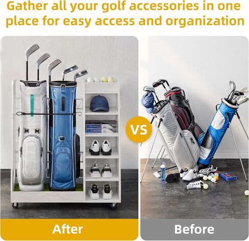 DWVO Golf Bag Organizer for Garage ، Wooden 2 Golf Bag Stand حامل مع عجلات ، وتخزين للجولف لأكياس الجولف ، والأندية ، والكرات وغيرها من ملحقات المعدات in Saudi Arabia