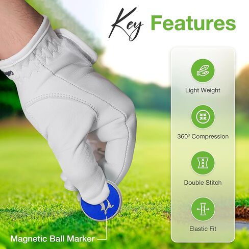 Golf Glove - Made with AAA Cabretta Leather with Removable Metal Ball Marker - All Weather, Breathable, Compatible with Touch Screen in Saudi Arabia