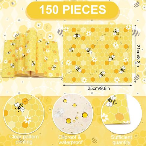 150Pcs Summer Bee Wax Paper Yellow Honeycomb Deli Paper Tissue Cute Daisy Sandwich Wrap Paper Waterproof Oil-Proof Picnic Liners for Party Kitchen Supplies in Saudi Arabia