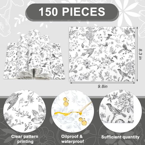 150pcs أسود الأزهار الشمع الورقية الطيور الزهرة لذيذ التفاف شطيرة التفاف الأنسجة وبطانات نزهة مقاومة للزيت لتوفيرات المطبخ الحفلات ، 9.8 × 8.3 بوصة in Saudi Arabia