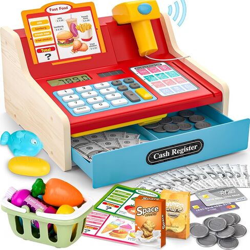 سجل قابلة لإعادة الشحن Wooden Kids Cash Record مع Scanner ، Play Play Cash Record Toy مع أموال مزيفة ، طعام ، بطاقة ائتمان ، طفلون صغار الفتيات 2-4-4 in Kuwait