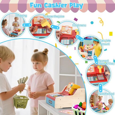 سجل قابلة لإعادة الشحن Wooden Kids Cash Record مع Scanner ، Play Play Cash Record Toy مع أموال مزيفة ، طعام ، بطاقة ائتمان ، طفلون صغار الفتيات 2-4-4 in Kuwait