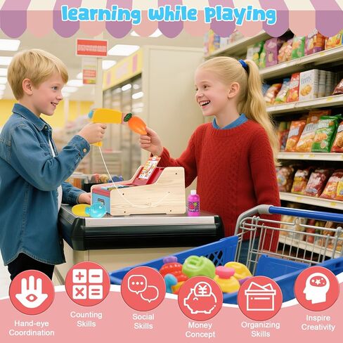 سجل قابلة لإعادة الشحن Wooden Kids Cash Record مع Scanner ، Play Play Cash Record Toy مع أموال مزيفة ، طعام ، بطاقة ائتمان ، طفلون صغار الفتيات 2-4-4 in Kuwait