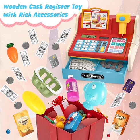 سجل قابلة لإعادة الشحن Wooden Kids Cash Record مع Scanner ، Play Play Cash Record Toy مع أموال مزيفة ، طعام ، بطاقة ائتمان ، طفلون صغار الفتيات 2-4-4 in Kuwait