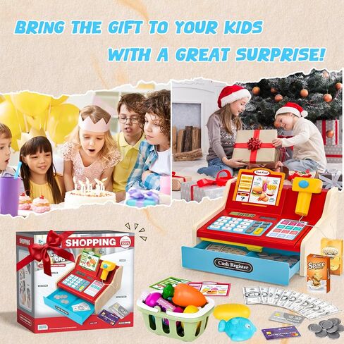 سجل قابلة لإعادة الشحن Wooden Kids Cash Record مع Scanner ، Play Play Cash Record Toy مع أموال مزيفة ، طعام ، بطاقة ائتمان ، طفلون صغار الفتيات 2-4-4 in Kuwait