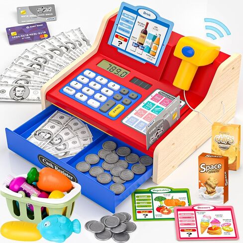 سجل قابلة لإعادة الشحن Wooden Kids Cash Record مع Scanner ، Play Play Cash Record Toy مع أموال مزيفة ، طعام ، بطاقة ائتمان ، طفلون صغار الفتيات 2-4-4 in Kuwait