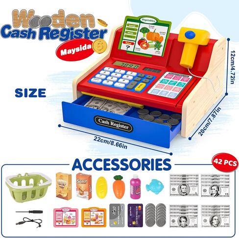 سجل قابلة لإعادة الشحن Wooden Kids Cash Record مع Scanner ، Play Play Cash Record Toy مع أموال مزيفة ، طعام ، بطاقة ائتمان ، طفلون صغار الفتيات 2-4-4 in Kuwait