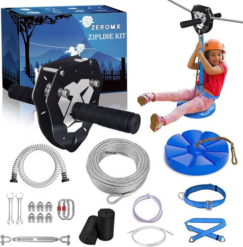 طقم خط ZIP 75 قدمًا/100 قدم/120 قدمًا/150 قدمًا للأطفال والبالغين يصل إلى 380 رطل - عربة أسد قابلة للترقية ، وفرامل زنبركية 6.5 قدم ، وحماية الأشجار ، وتسخير السلامة والمقعد - مجموعة الفناء الخلفي zipline in Kuwait