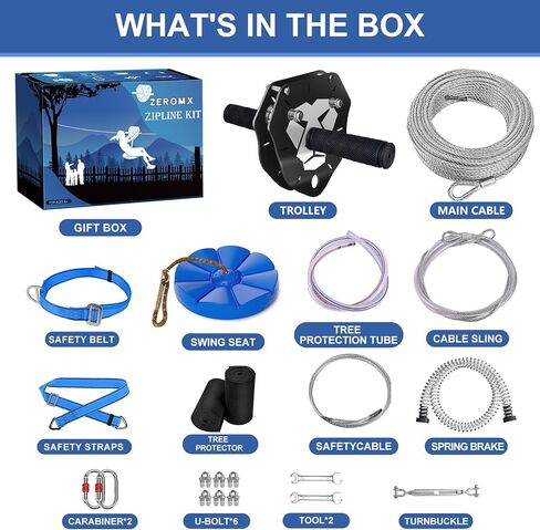 طقم خط ZIP 75 قدمًا/100 قدم/120 قدمًا/150 قدمًا للأطفال والبالغين يصل إلى 380 رطل - عربة أسد قابلة للترقية ، وفرامل زنبركية 6.5 قدم ، وحماية الأشجار ، وتسخير السلامة والمقعد - مجموعة الفناء الخلفي zipline in Kuwait