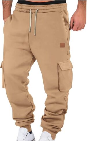 Baggy Cargo Sweatpants for Men Drawstring Elastic Waist Fleece Warm Comfy Jogger with Pockets Athletic Gym Sport Pant in Saudi Arabia