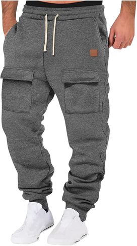 Baggy Cargo Sweatpants for Men Drawstring Elastic Waist Fleece Warm Comfy Jogger with Pockets Athletic Gym Sport Pant in Saudi Arabia