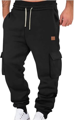 Baggy Cargo Sweatpants for Men Drawstring Elastic Waist Fleece Warm Comfy Jogger with Pockets Athletic Gym Sport Pant in Saudi Arabia