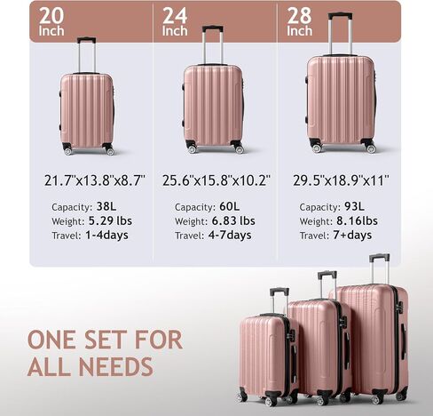 Karl home 3-Piece Luggage Set Travel Lightweight Suitcases with Rolling Wheels, TSA lock & Moulded Corner, Carry on Luggages for Business, Trip, Rose Gold (20"/24"/28") in Saudi Arabia
