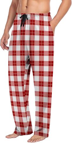 Men's Pajamas Pants Lace up Waist Casual Plaid Print Loose Comfy Sleep & Lounge Trouser Pj's Bottoms with Pockets in Saudi Arabia
