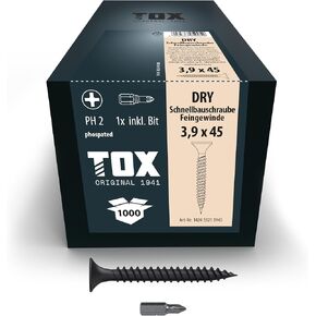 Drywall Screws 3.9 x 45 mm, Black Phosphated Screws with Trumpet Head + Fine Thread, Plasterboard on Metal Substructure, PH2, 1000 Pieces, Includes 1x Bit, 142453213945 in Saudi Arabia
