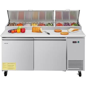 VEVOR 67"W Commercial Refrigerator, Pizza Prep Refrigerated Table, 19.3" Ultra Wide Countertop Food Prep Fridge, 20.3 Cu.Ft Single Door Salad Prep Fridge, 9 Pans Pizza Make Worktop with Cutting Board in Kuwait