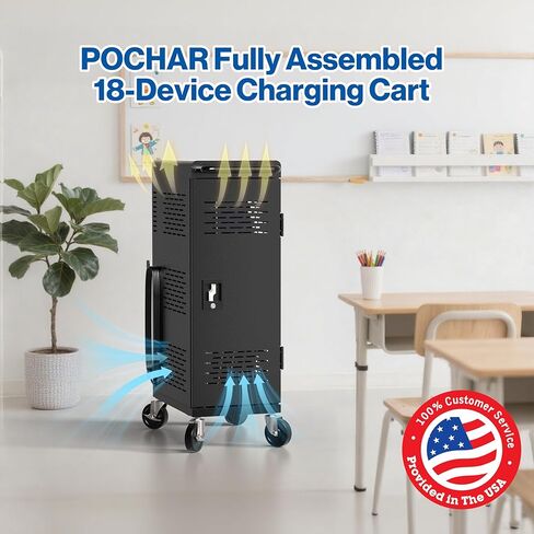 Fully Assembled 18-Device Charging Cart for Chromebook - Locking Laptop Cabinet with Cable Management, Cord Organization, Power Strip - Locks and Stores Tablets up to 14'' and 1.4'' Thick (Black) in Kuwait