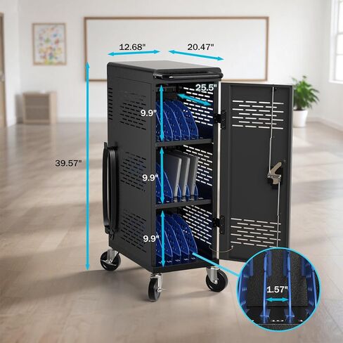 Fully Assembled 18-Device Charging Cart for Chromebook - Locking Laptop Cabinet with Cable Management, Cord Organization, Power Strip - Locks and Stores Tablets up to 14'' and 1.4'' Thick (Black) in Kuwait